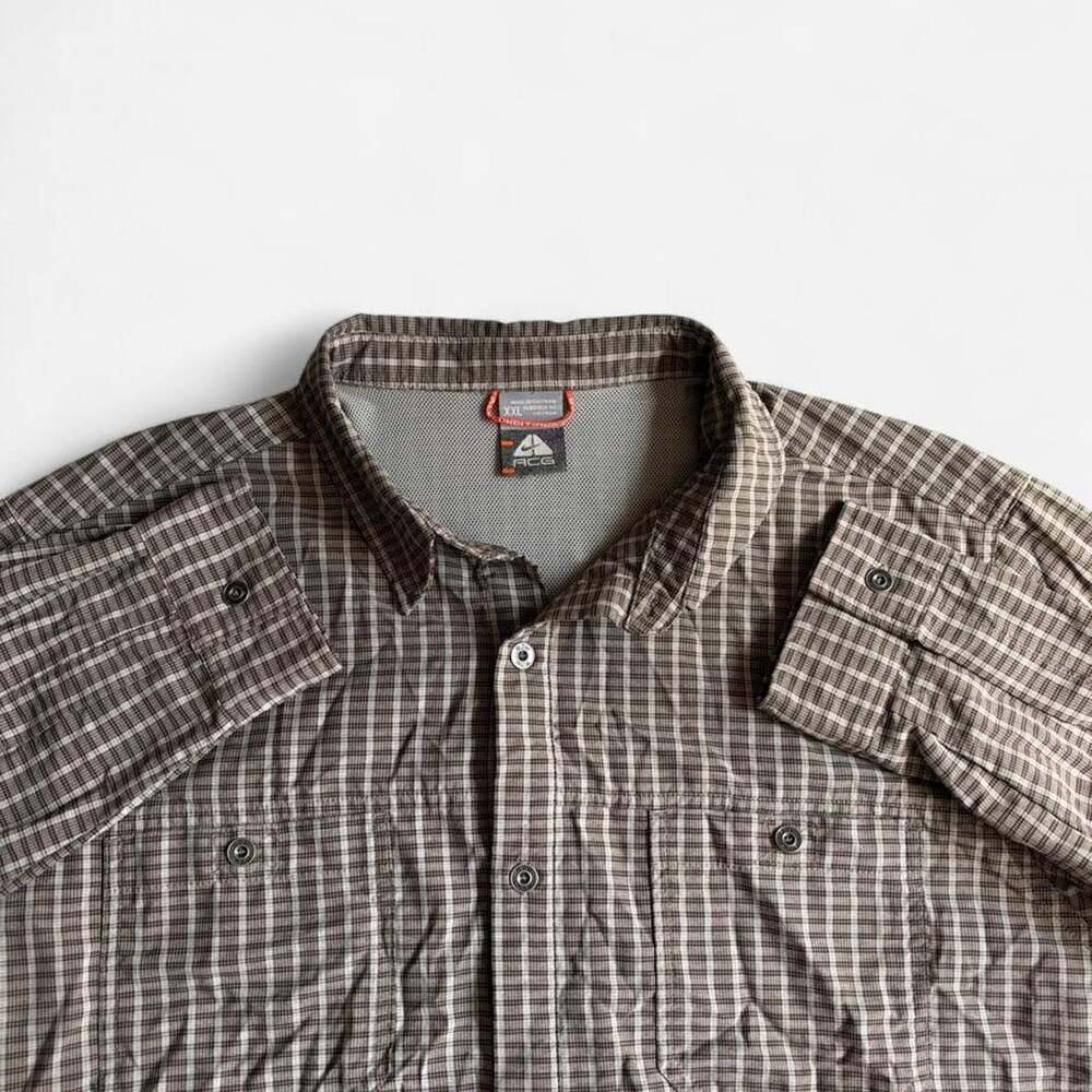 Vintage Nike ACG Shirt 2XL XXL Button Up Plaid Tan Beige White Brown Long Sleeve